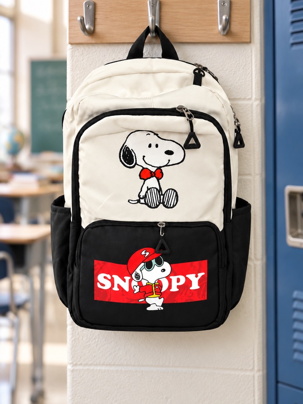 Snoopy Backpack Black & Cream with Red Graphic Print – Multiple Zip Pockets